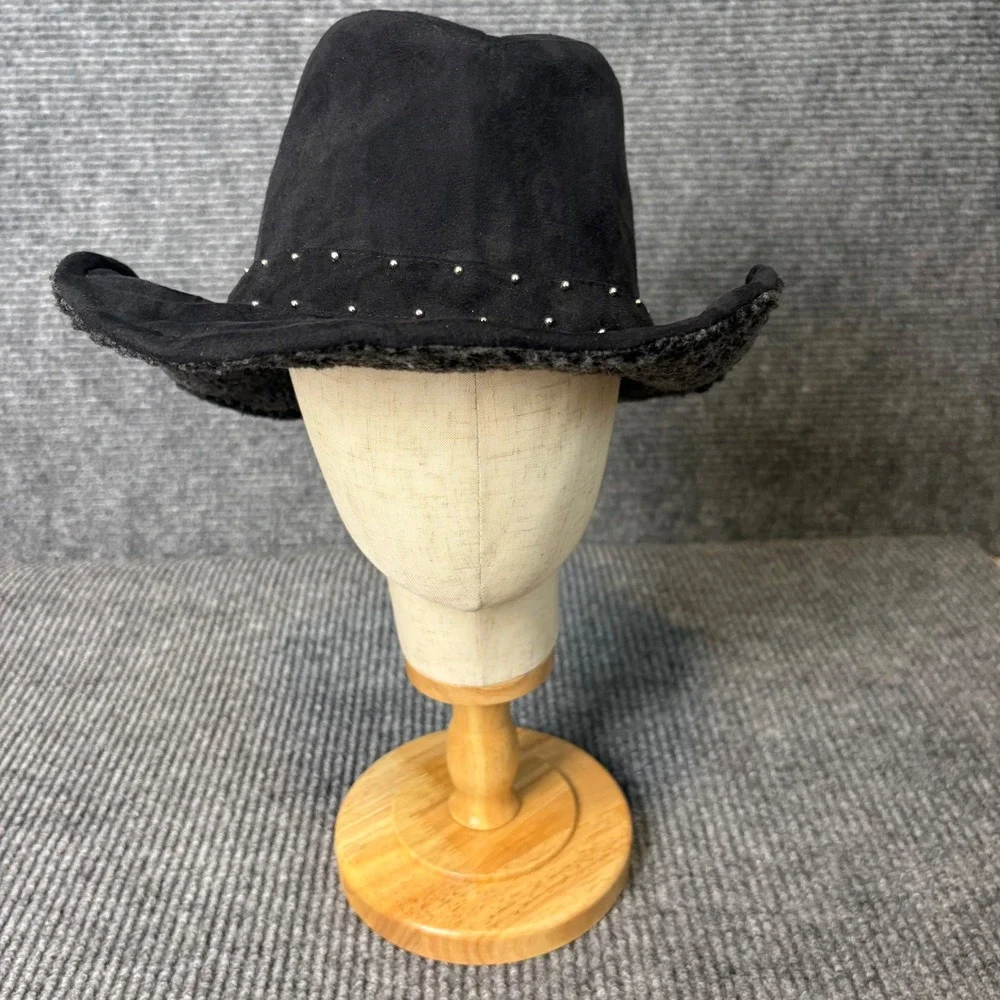 Scala Pronto Black Faux Suede Western Cowboy Hat Sherpa Trim Studded Band OS